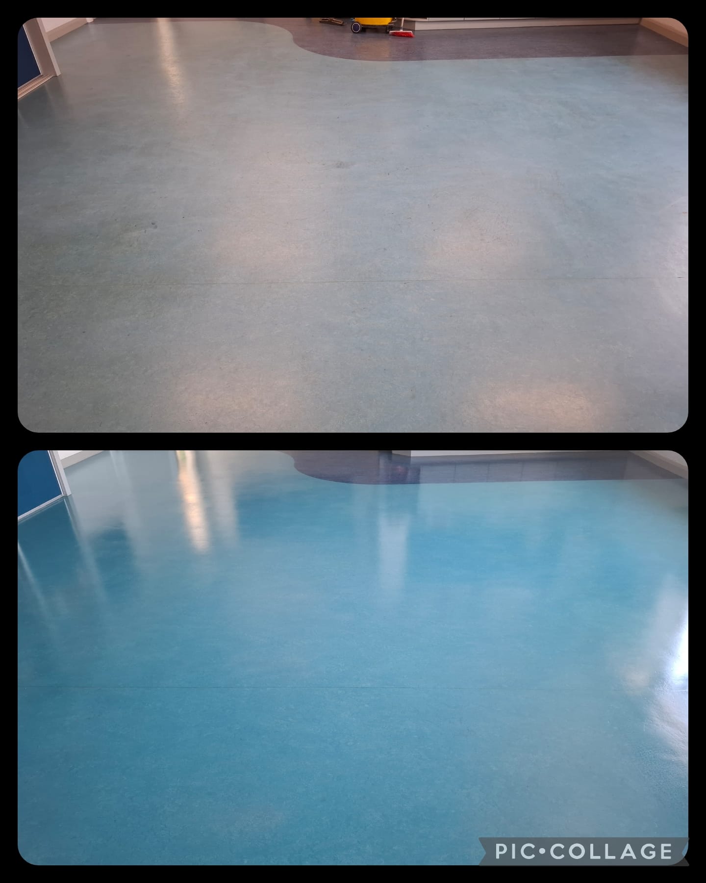 Blue classroom floor before and after — worn, matt vinyl stripped and polished to a clean, reflective finish