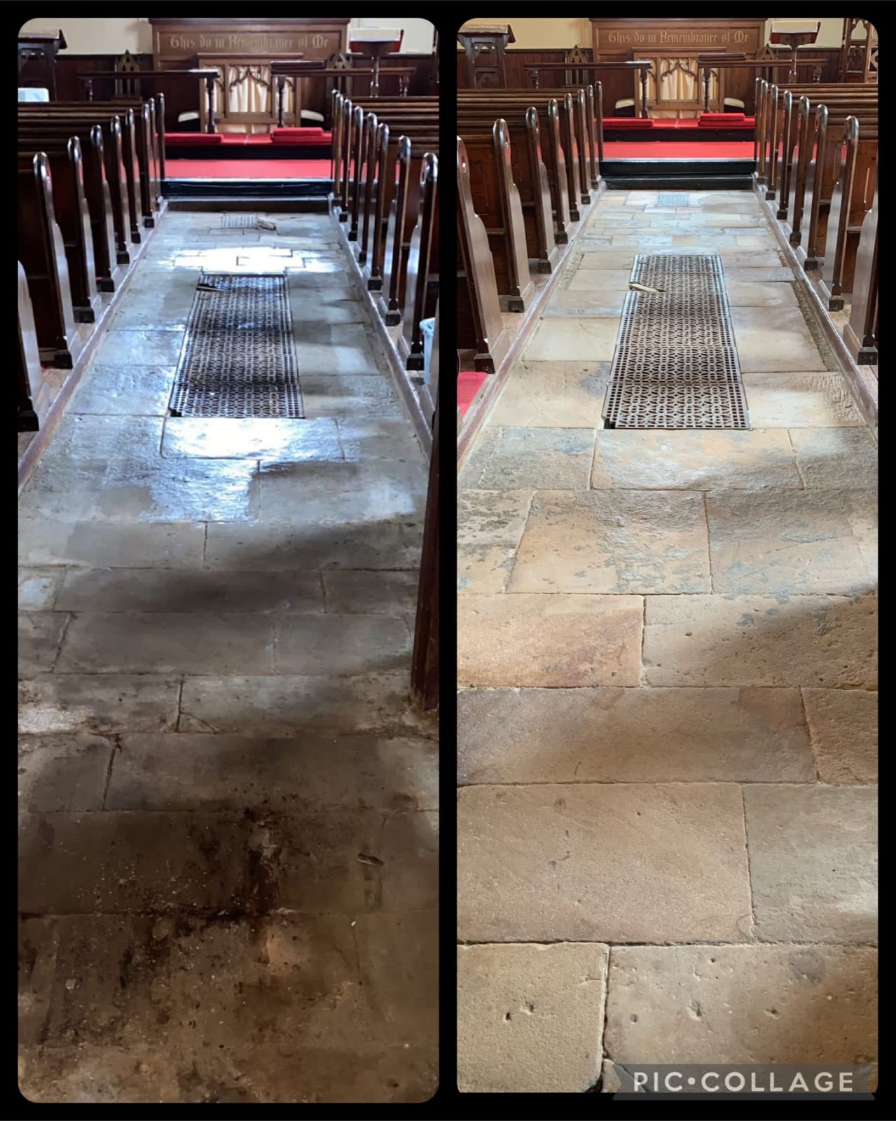 Church aisle sandstone flagstones before and after — dark, ingrained dirt lifted to reveal clean natural stone