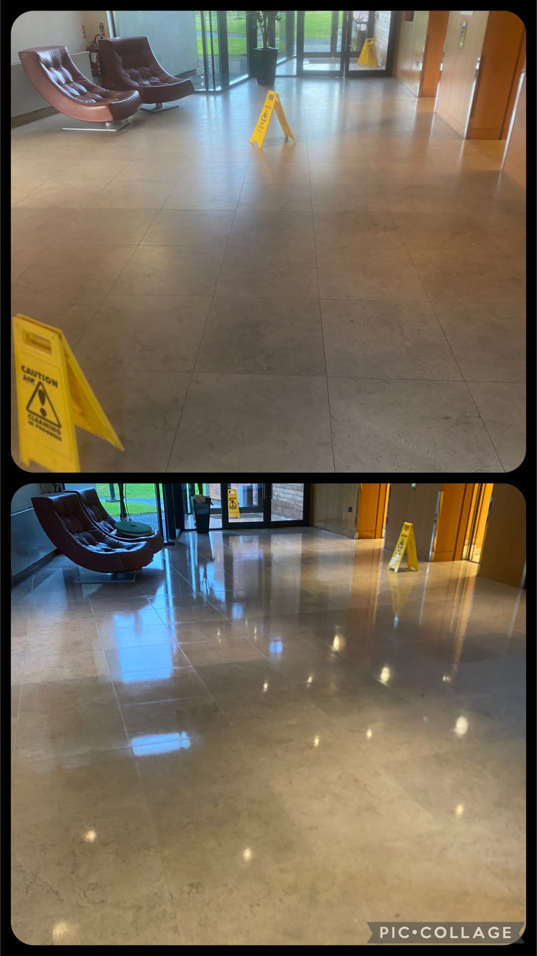 Commercial reception floor before and after — dull limestone tiles polished to a bright, reflective finish
