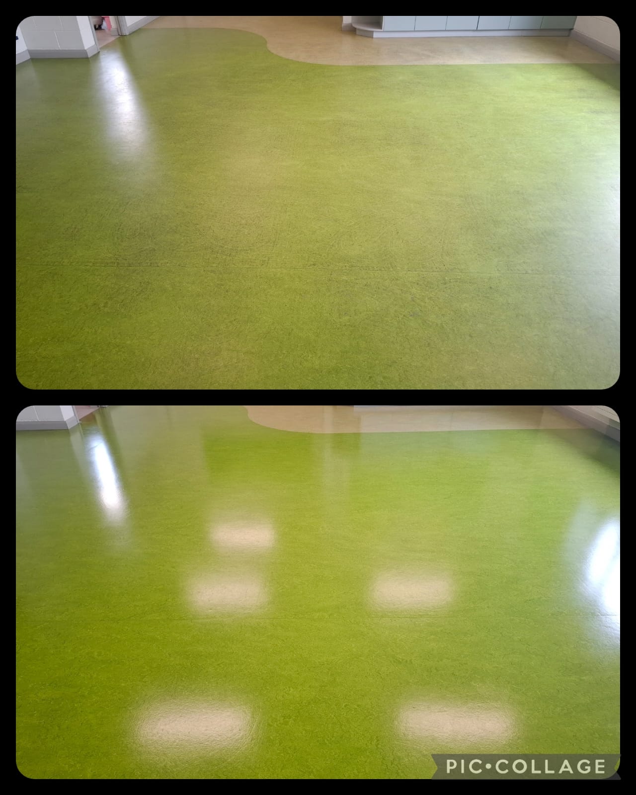 Green healthcare-grade floor before and after — dull, scratched surface stripped and sealed to a bright shine