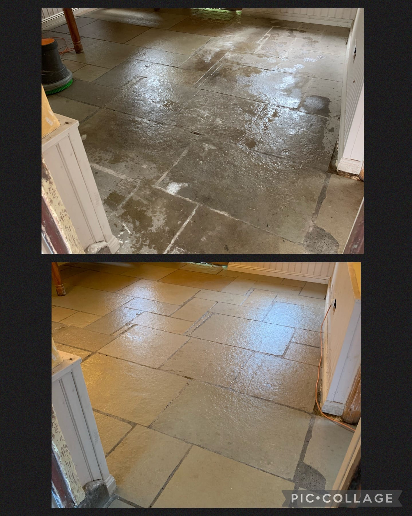 Limestone flagstone floor before and after — grey, soiled flags cleaned back to a warm, even tone