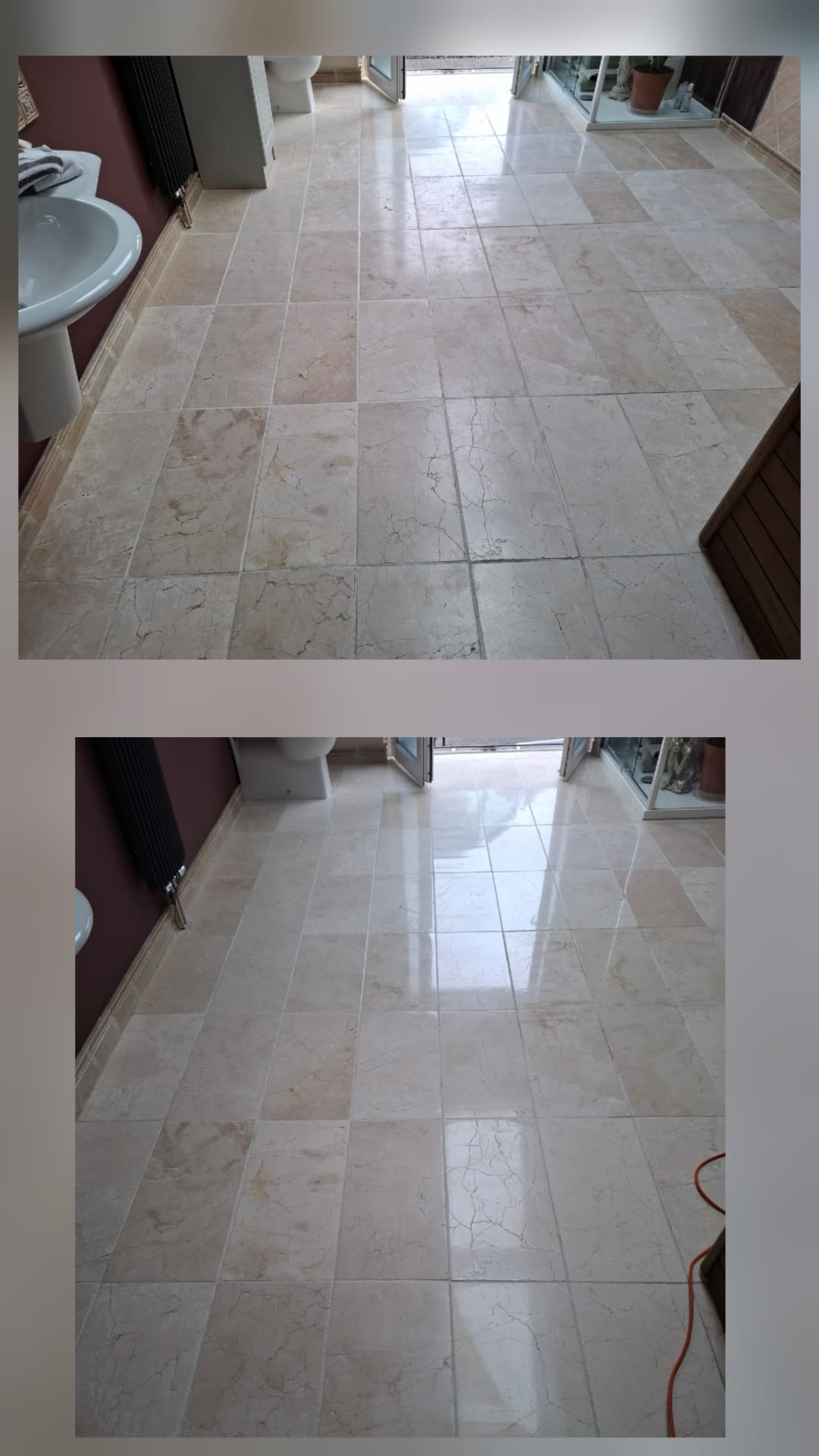 Marble bathroom floor before and after — etched, dull tiles diamond-polished to a bright, even sheen