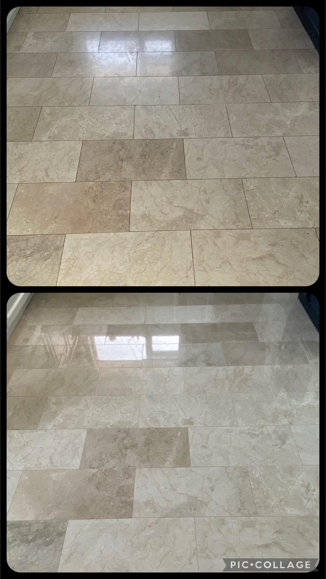 Travertine floor honed and polished back to a clear, even finish