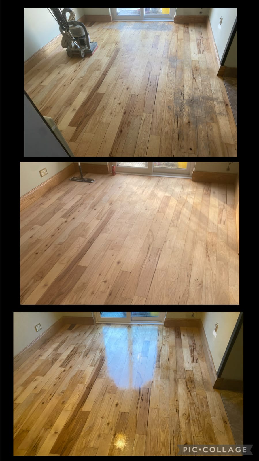 Solid oak floor before, mid-sand and after — stained, worn boards sanded and lacquered to a clean, even finish