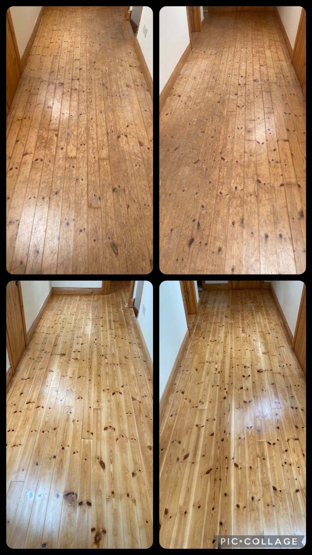 Pine floorboards before and after — dull, marked boards sanded and sealed to a bright, clean finish