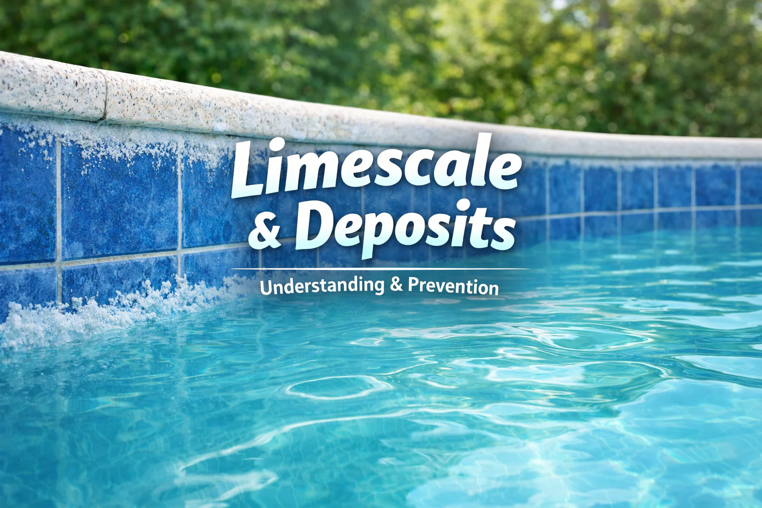 Limescale and mineral deposits built up along the waterline tiles of a swimming pool