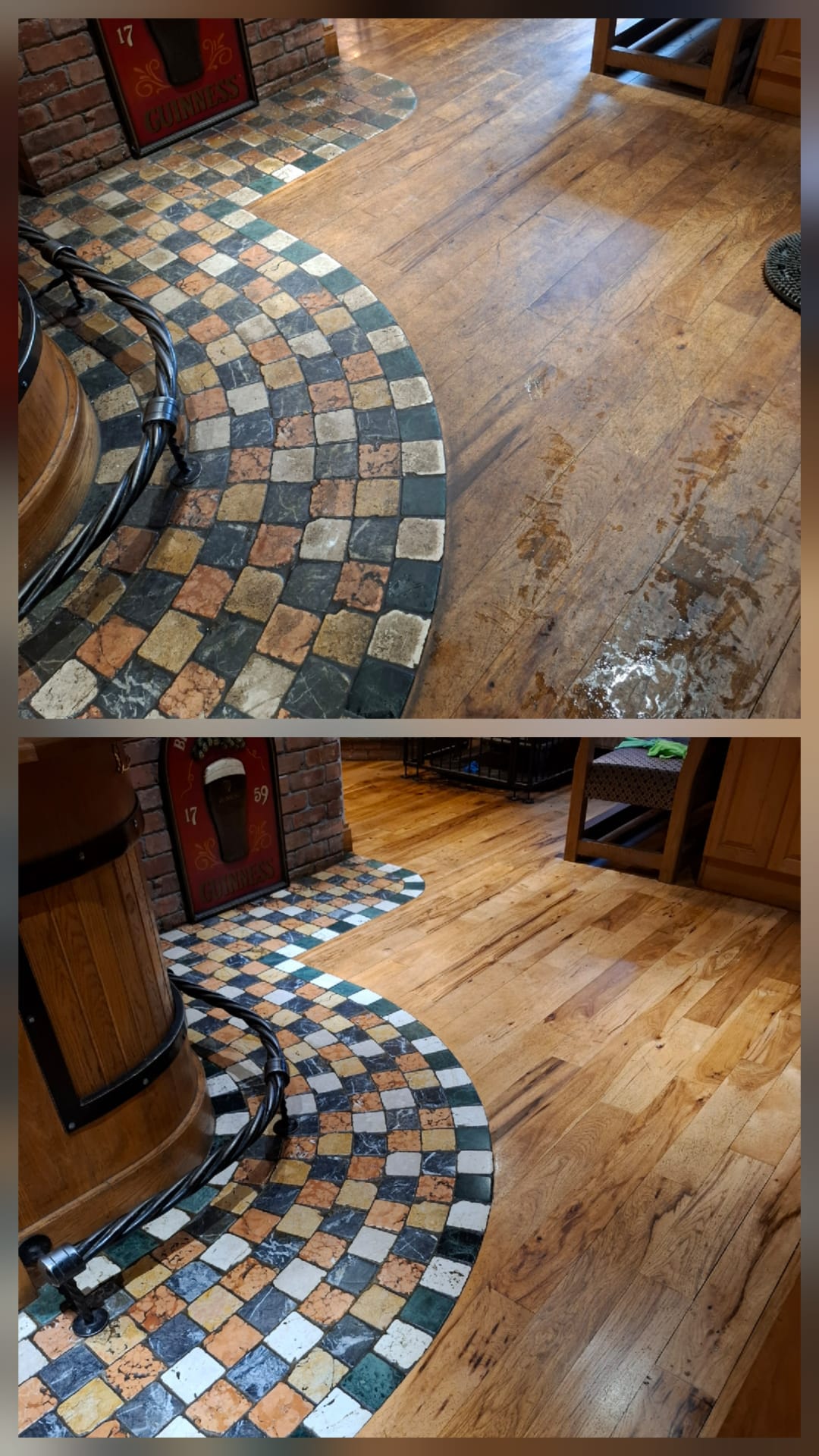 Bar floor before and after — scuffed wood and mosaic border cleaned and re-finished to a clean, even surface