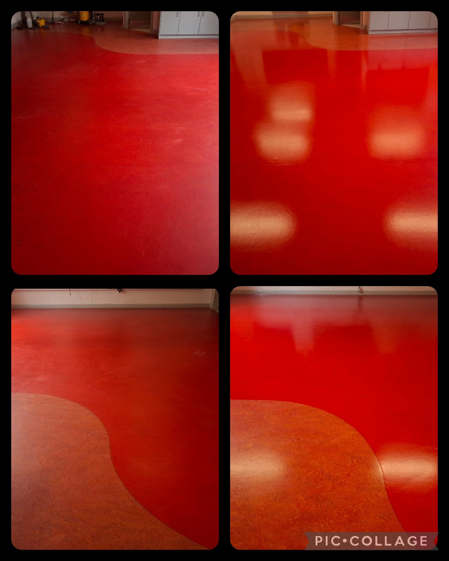 Red safety-vinyl floor before and after — flat, scuffed surface stripped and re-sealed to a deep, glossy shine