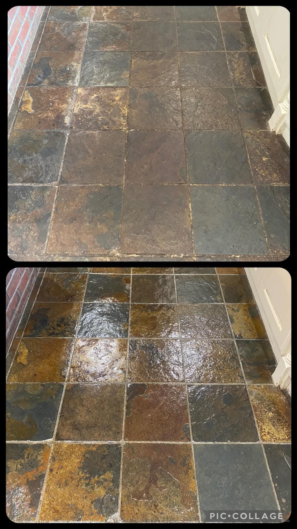 Slate tiled floor before and after — dry, faded tiles cleaned and sealed to bring back the colour and depth