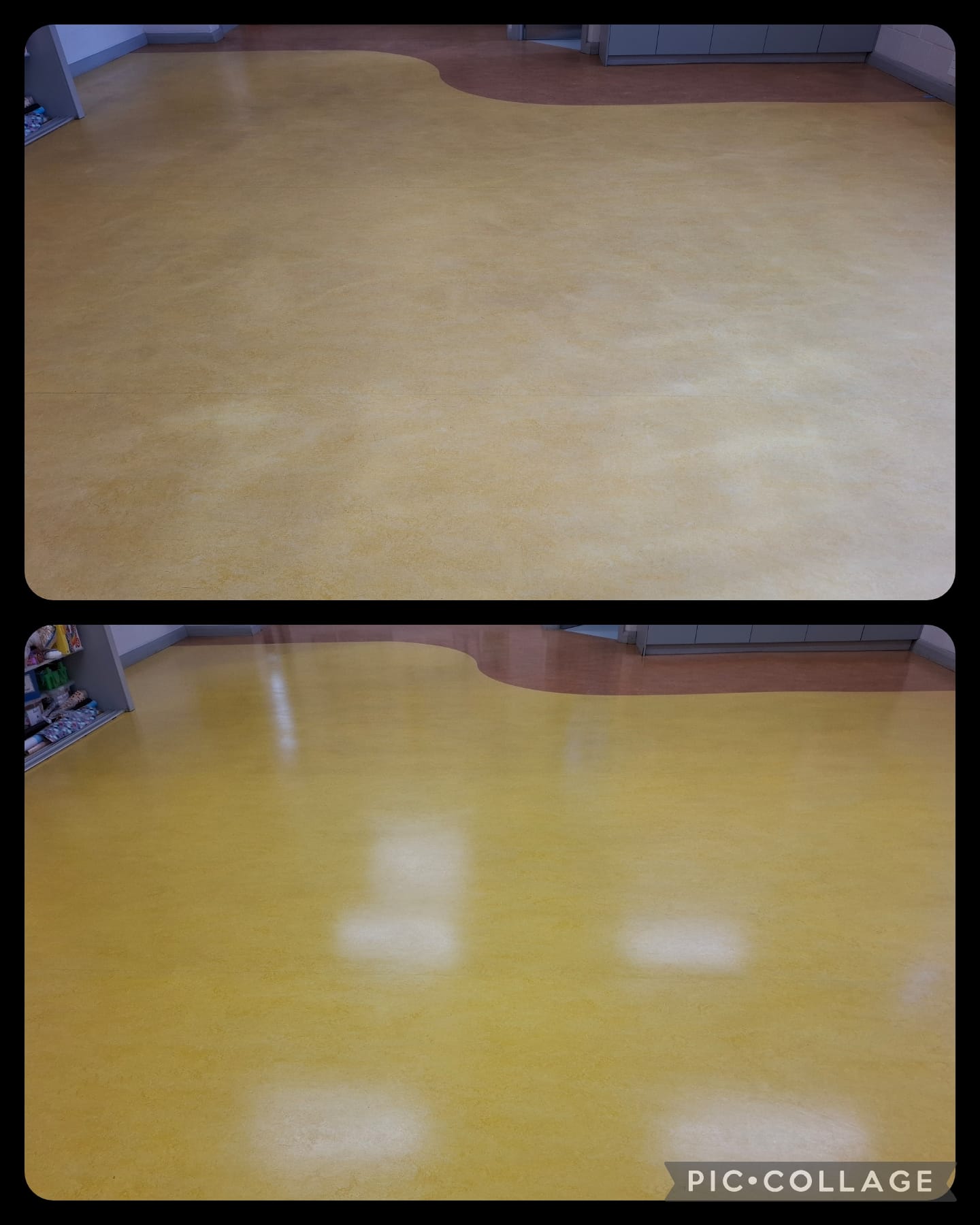 Marmoleum floor stripped back and polished to a clean sheen